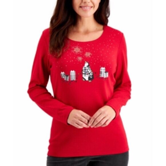 Karen Scott Festive Holiday Penguin Print Top women’s size medium - Picture 1 of 6